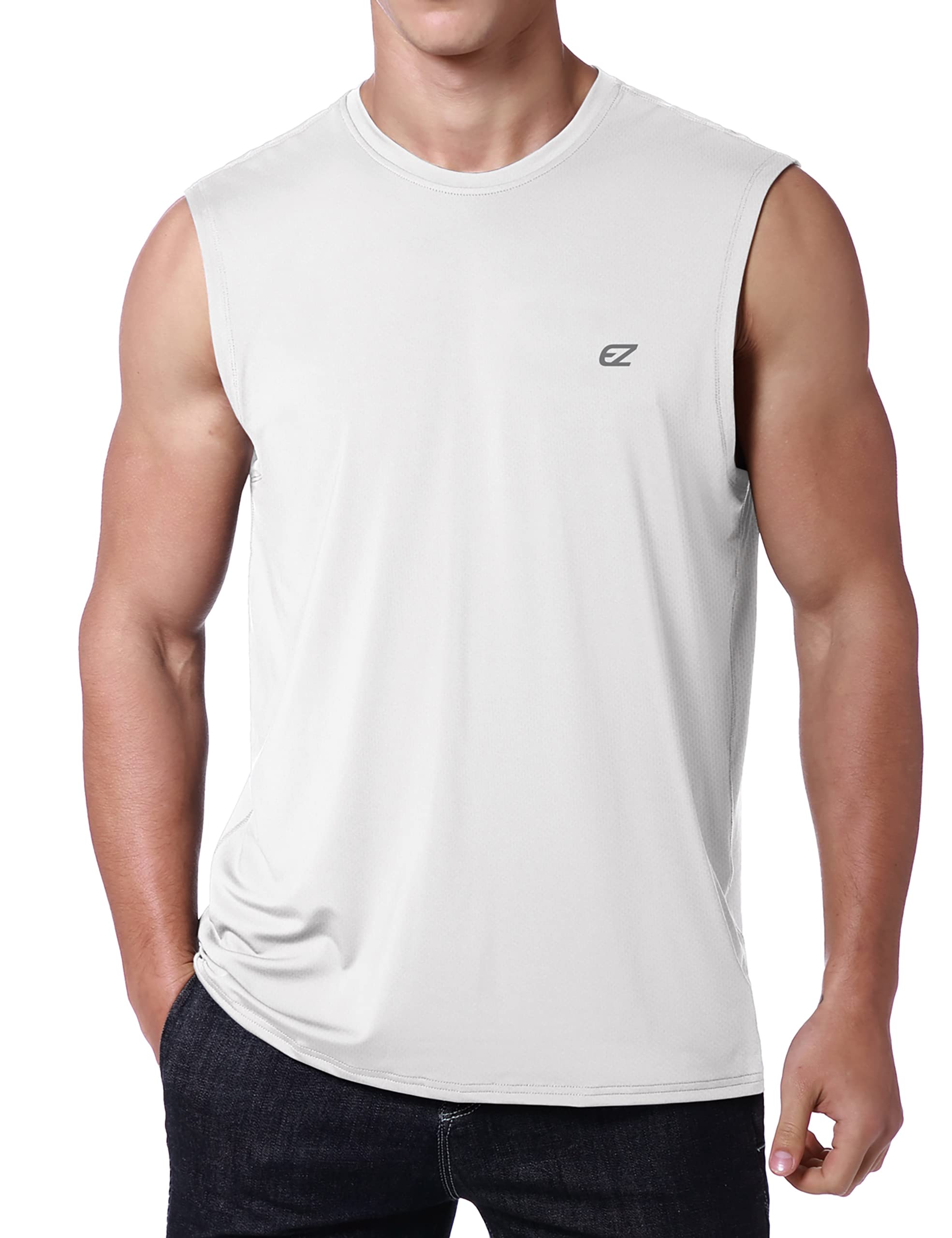 EZRUN Mens Workout Sleeveless Shirts Quick Dry Muscle Swim Shirt Gym Fitness Running Beach Tank Tops(White4XL)